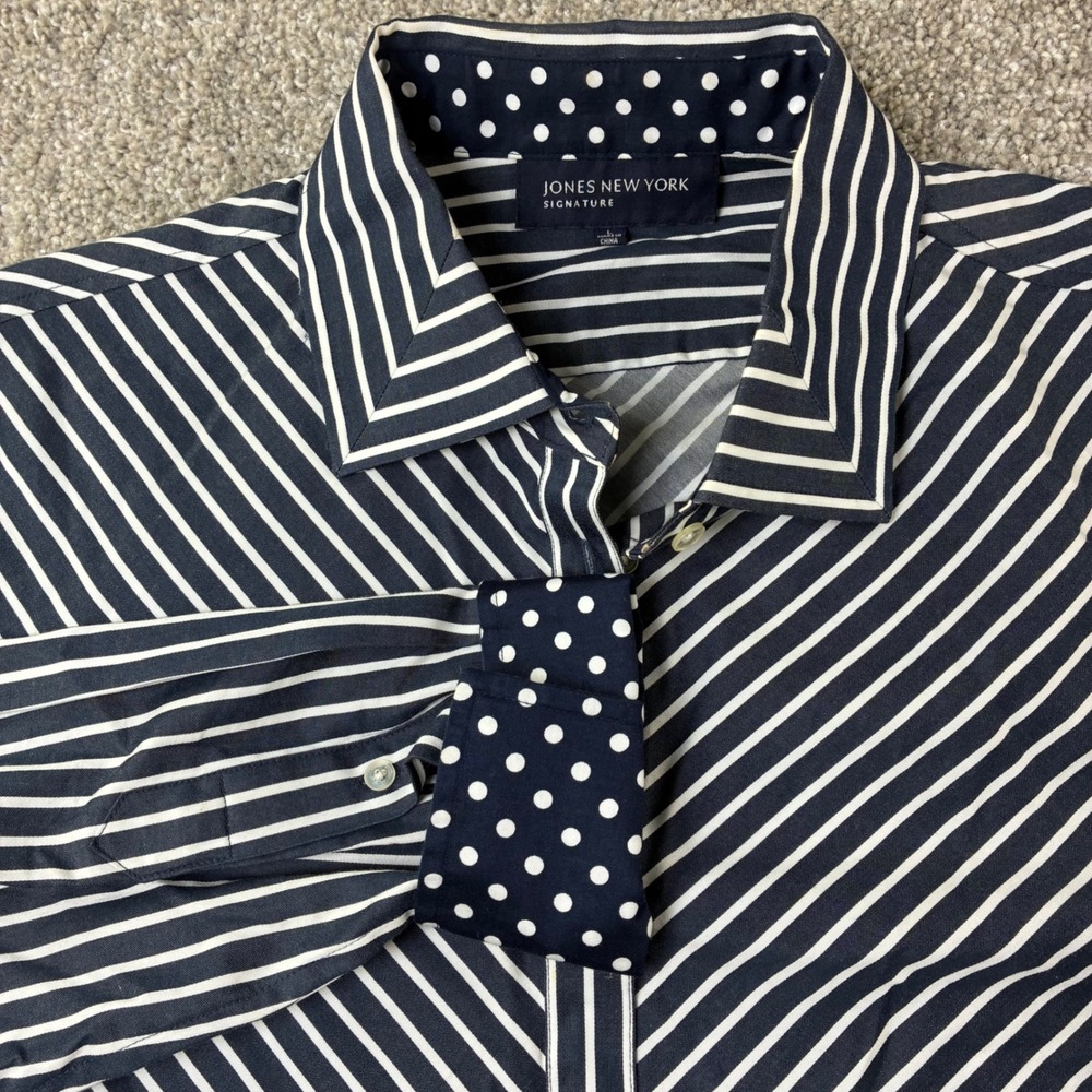 Jones New York Signature Womens L Striped Button Up Shirt Contrast Cuff Stretch